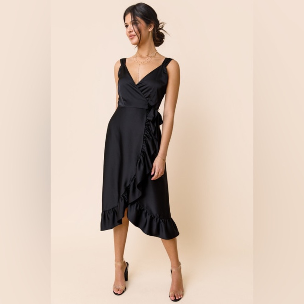 Francesca’s Audrey Satin Ruffle Wrap Midi Dress